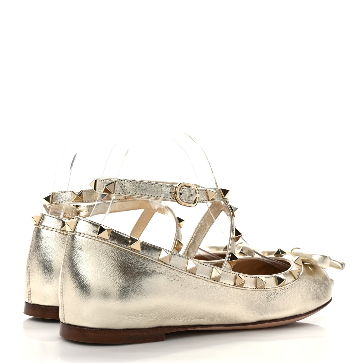 Metallic Calfskin Rockstud Bow Ballerina Flats 37 Platino