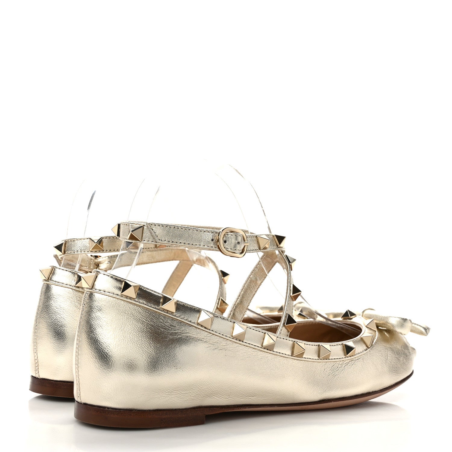 Valentino Garavani Metallic Calfskin Rockstud Bow Ballerina Flats 37 Platino 4 of 9