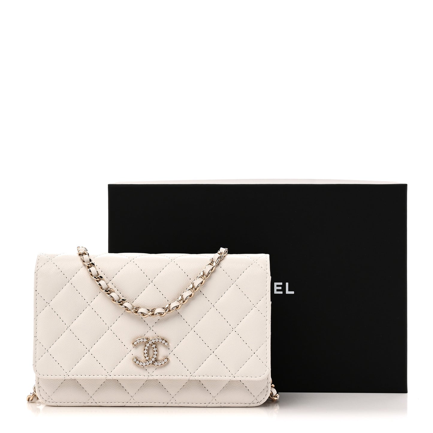 Caviar Quilted Crystal CC Wallet On Chain WOC White