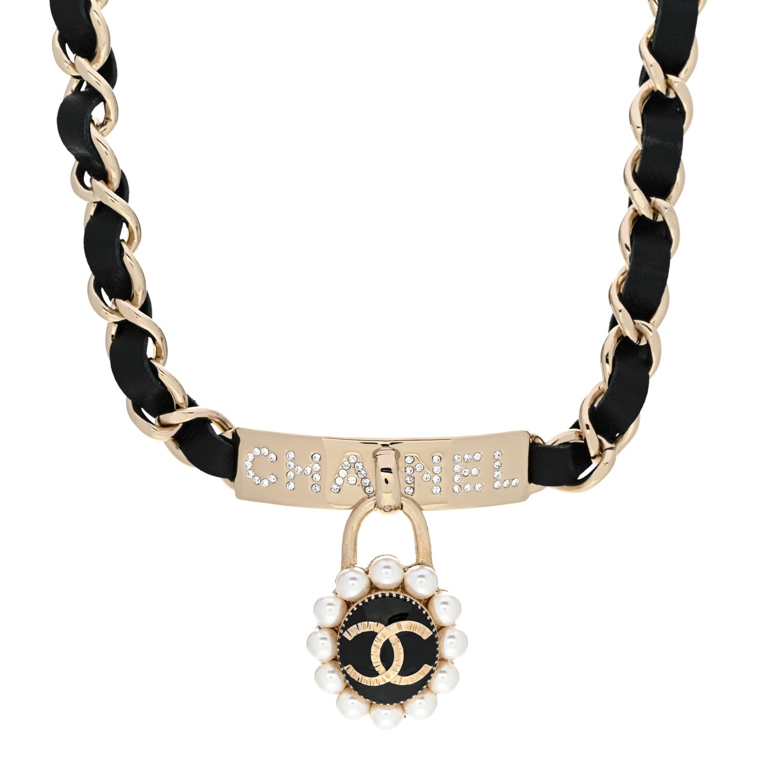 Chanel Pearl Crystal Lambskin CC Logo Choker Gold Black 1 of 5