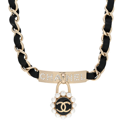 Chanel Pearl Crystal Lambskin CC Logo Choker Gold Black 1 of 5