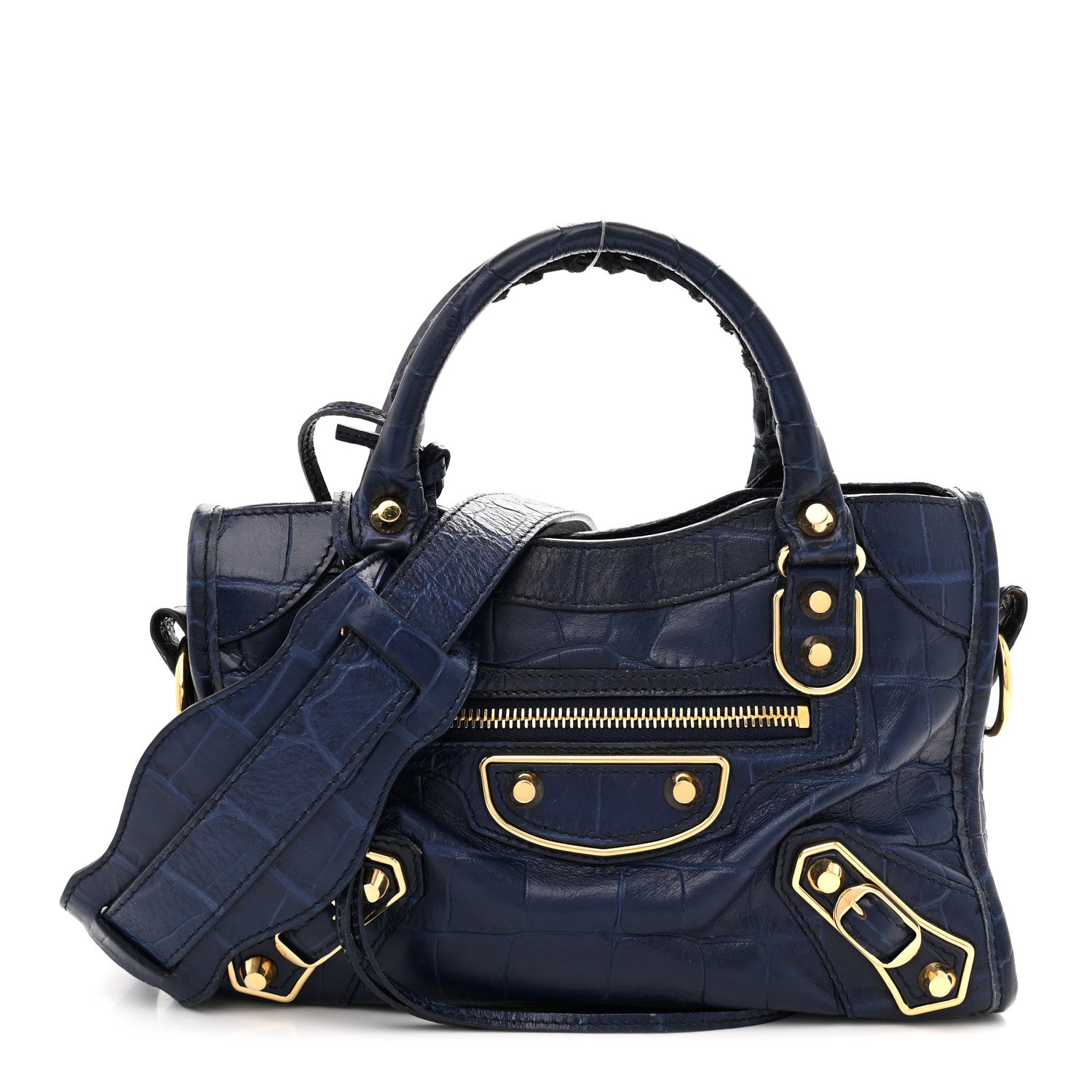 Balenciaga Calfskin Crocodile Embossed Gold Metallic Edge Hardware Mini City Bleu 1 of 13