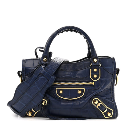 Balenciaga Calfskin Crocodile Embossed Gold Metallic Edge Hardware Mini City Bleu 1 of 13