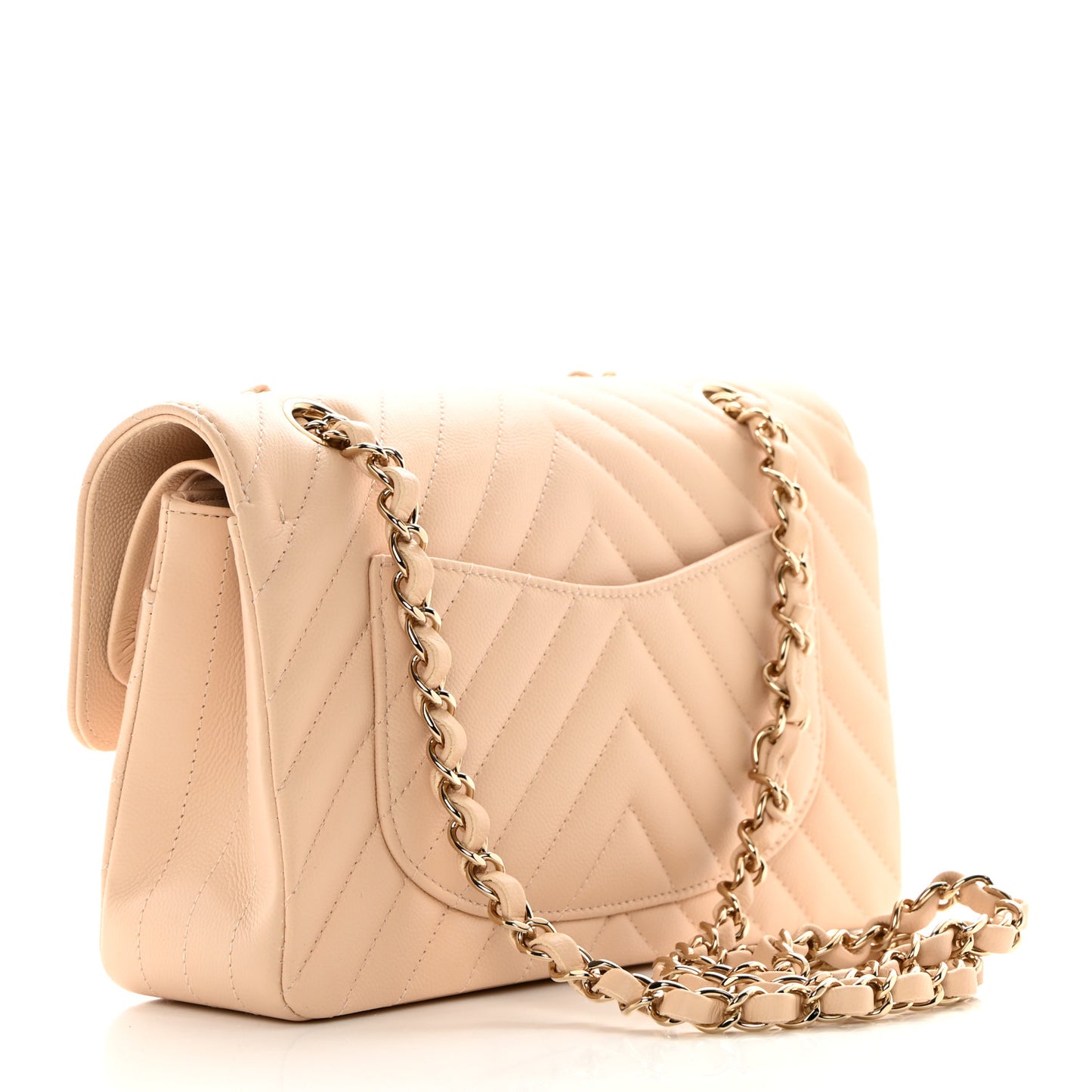 Caviar Chevron Quilted Small Double Flap Beige