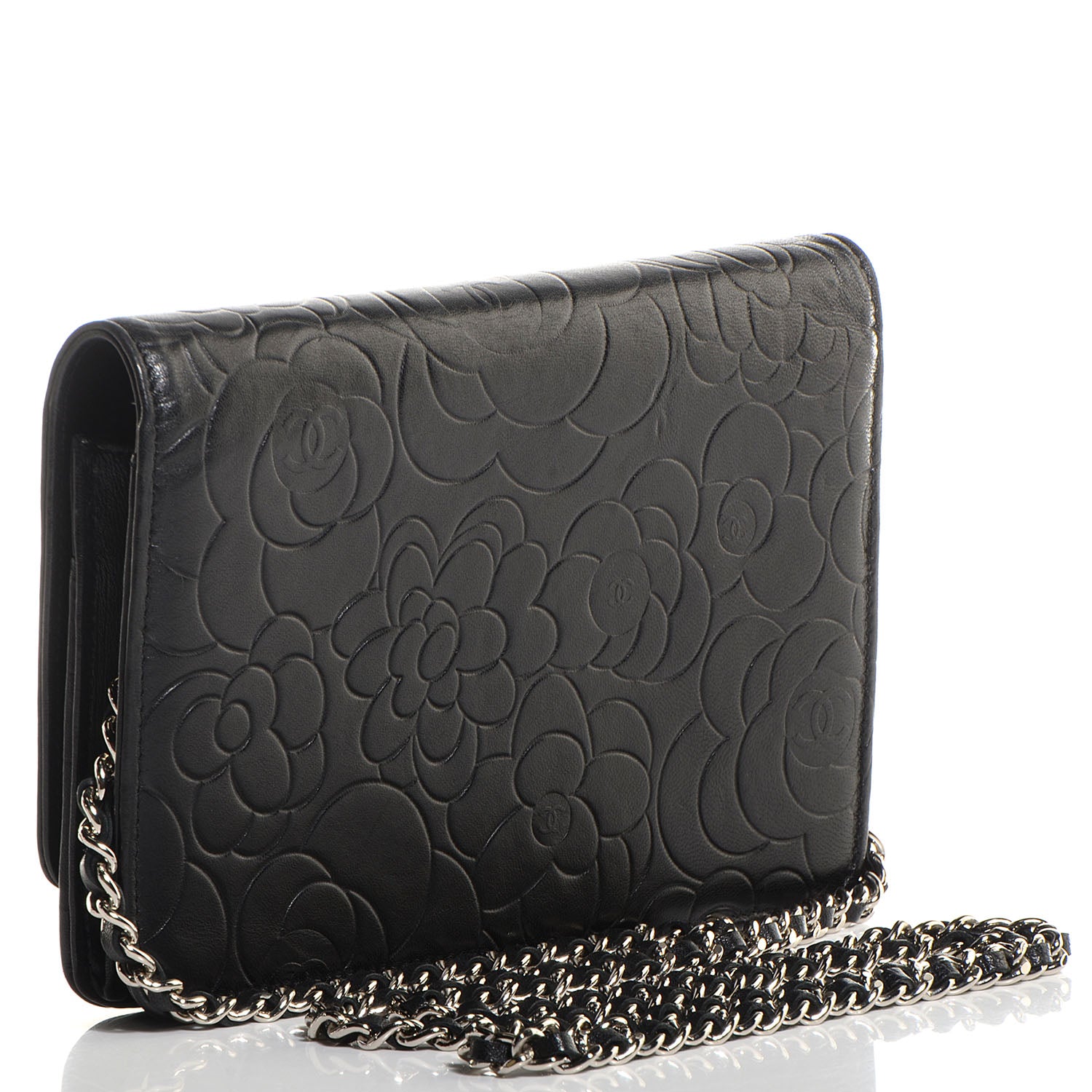 Chanel Lambskin Camellia Embossed Wallet on Chain WOC Black 3 of 7