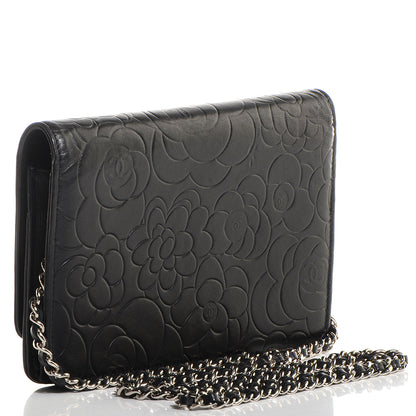Chanel Lambskin Camellia Embossed Wallet on Chain WOC Black 3 of 7