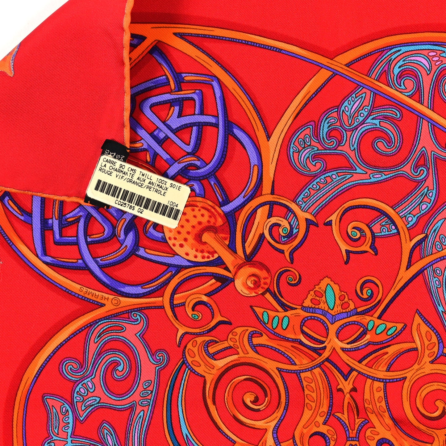 Silk La Charmante Aux Animaux Scarf 90 Rouge Vif Orange Petrole