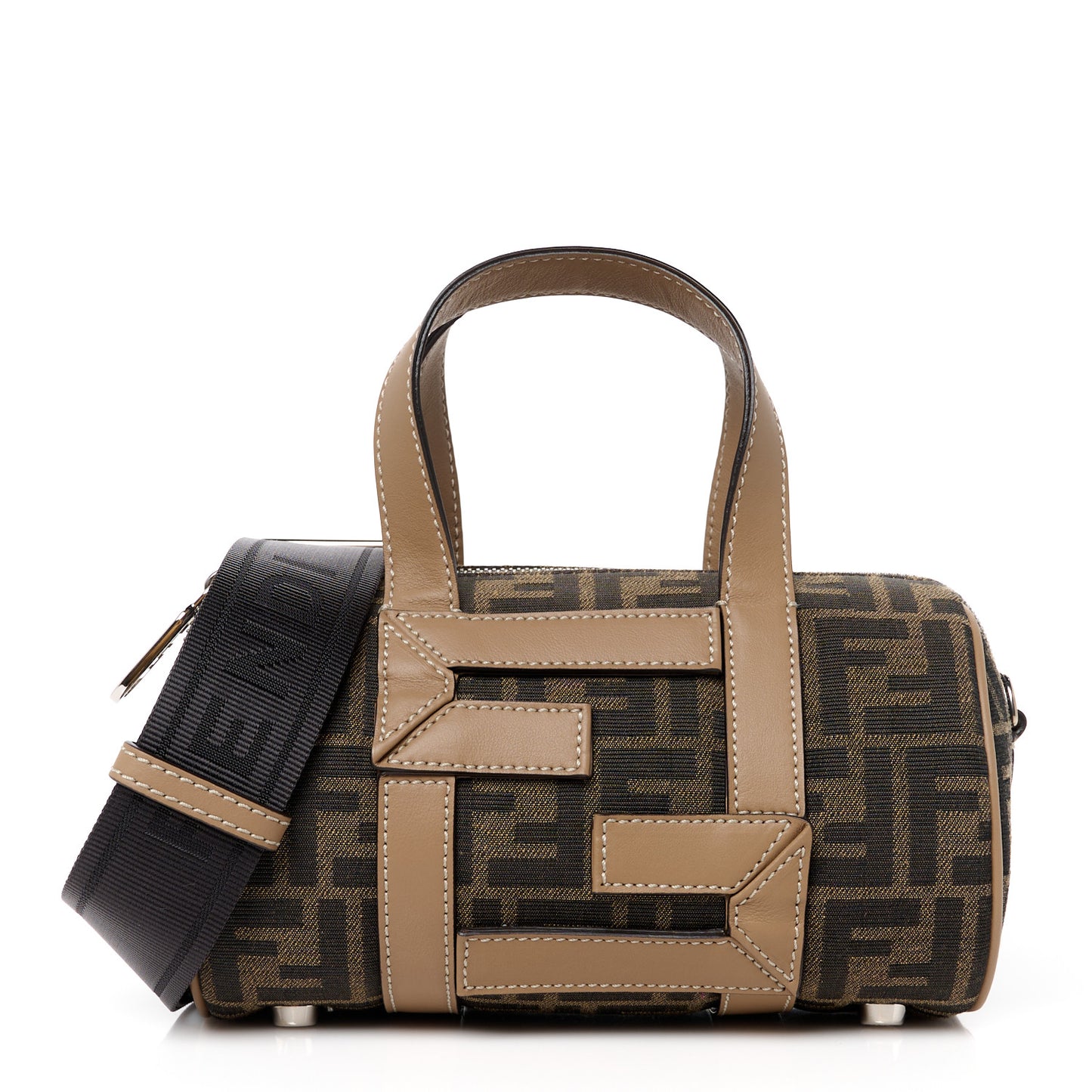 Recycled Fabric Jacquard Vitello Grace FF 1974 Mini O'Lock Bowling Bag Tobacco Moro Sand