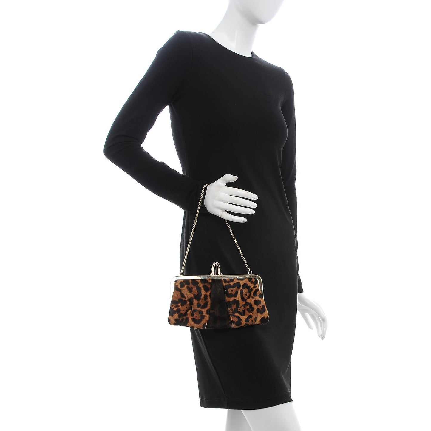 Calf Hair Leopard Print Frame Chain Clutch