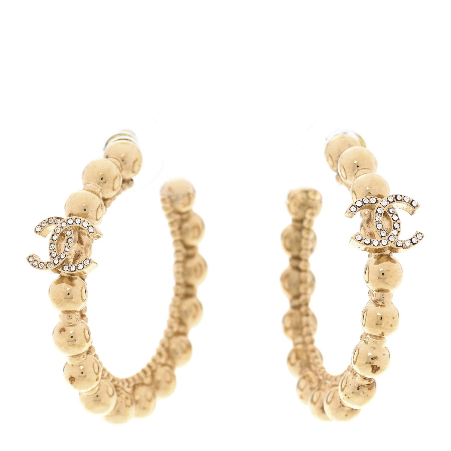 Chanel Crystal Bead CC Hoop Earrings Gold 1 of 4