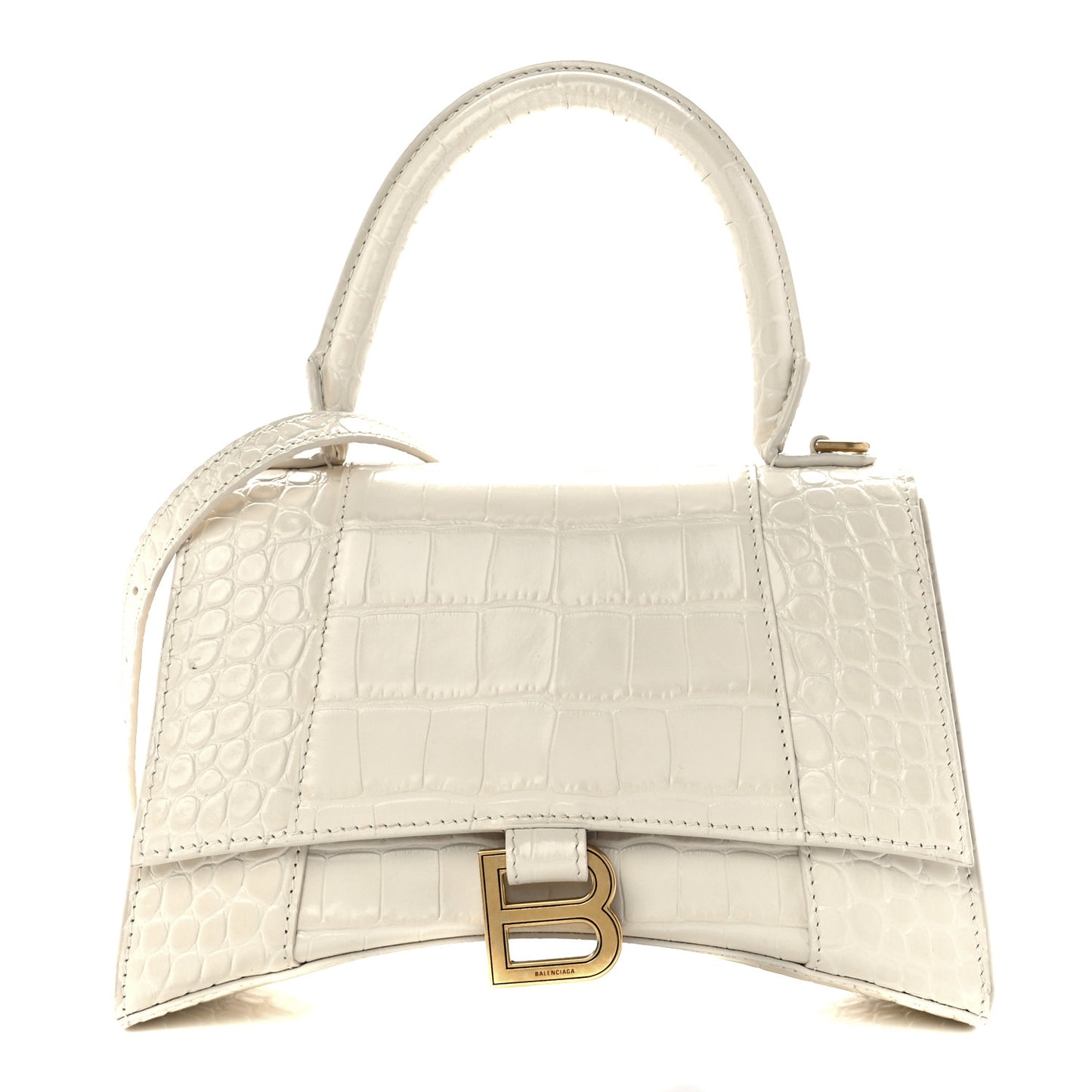 Shiny Calfskin Crocodile Embossed Small Hourglass Top Handle Bag Cream