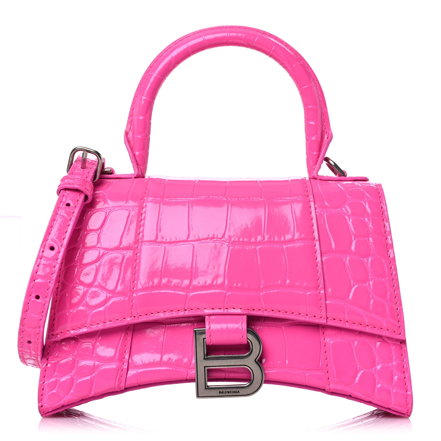 Balenciaga Shiny Calfskin Crocodile Embossed Hourglass Top Handle Bag XS Neon Pink 1 of 12