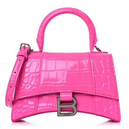 Balenciaga Shiny Calfskin Crocodile Embossed Hourglass Top Handle Bag XS Neon Pink 1 of 12