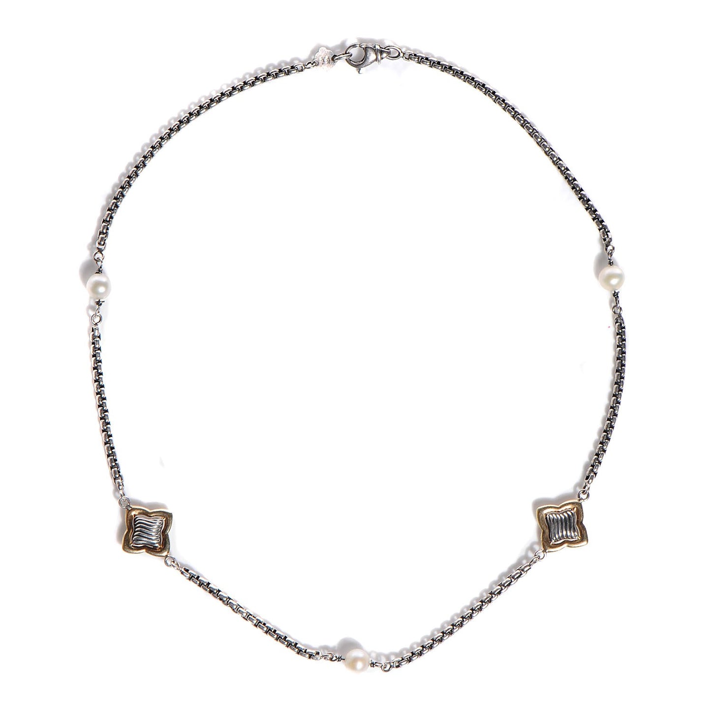 Sterling Silver 18K Yellow Gold Quatrefoil Pearl 14mm Station Necklace