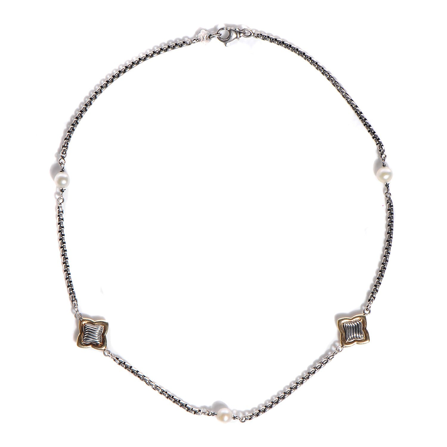 David Yurman Sterling Silver 18K Yellow Gold Quatrefoil Pearl 14mm Station Necklace 1 of 5