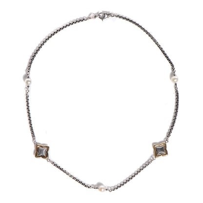 David Yurman Sterling Silver 18K Yellow Gold Quatrefoil Pearl 14mm Station Necklace 1 of 5