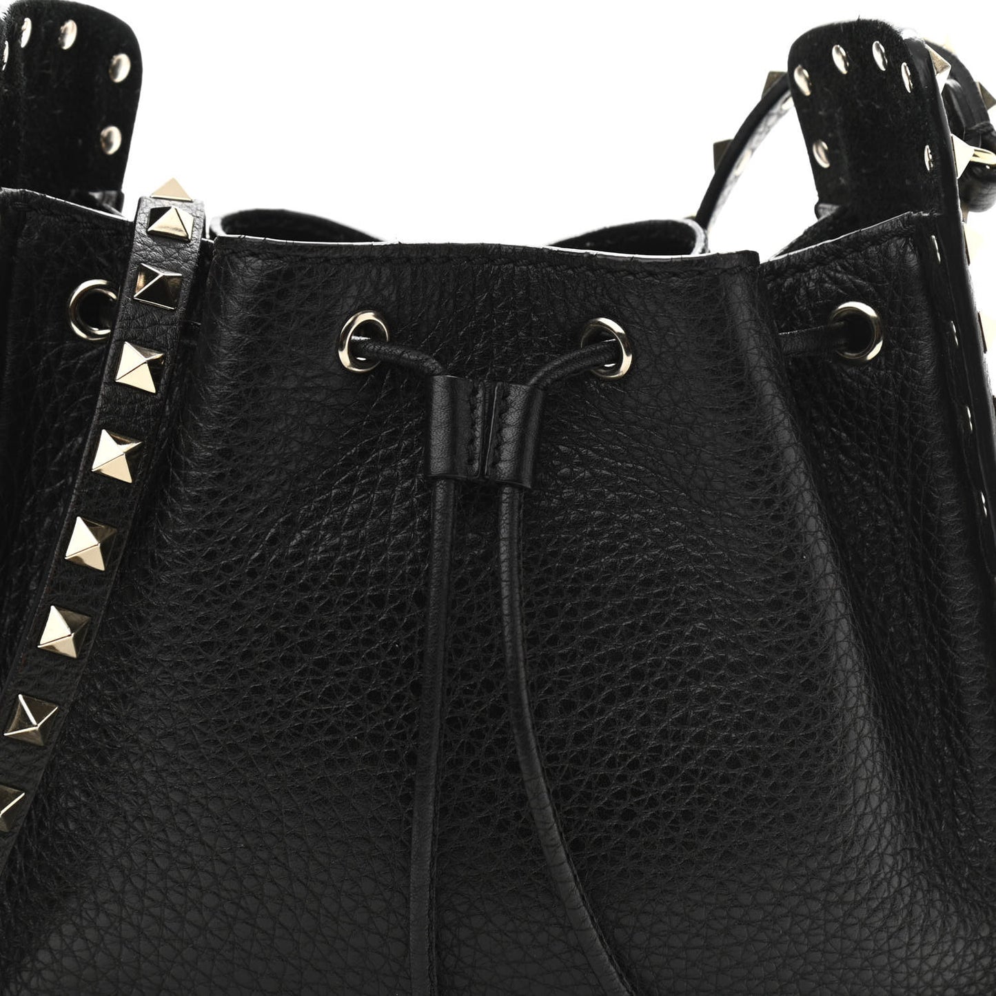 Grained Calfskin Rockstud Bucket Bag Black