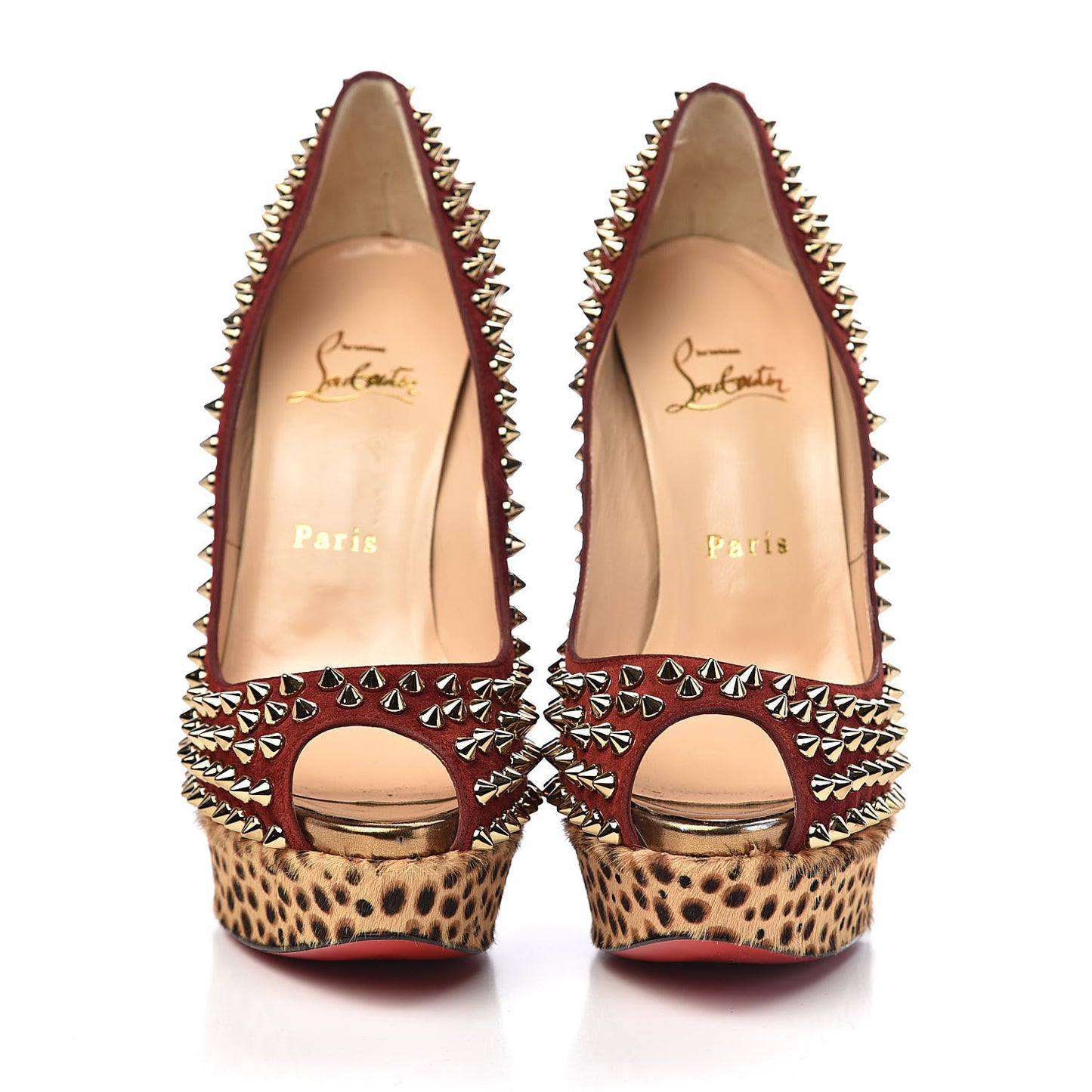 Veau Velours Calf Hair Leopard Lady Peep Spikes 150 Pumps 37.5 Red