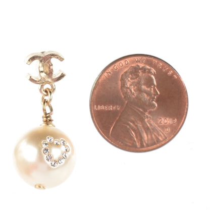 Chanel Pearl Crystal CC Heart Drop Earrings Gold White 2 of 4