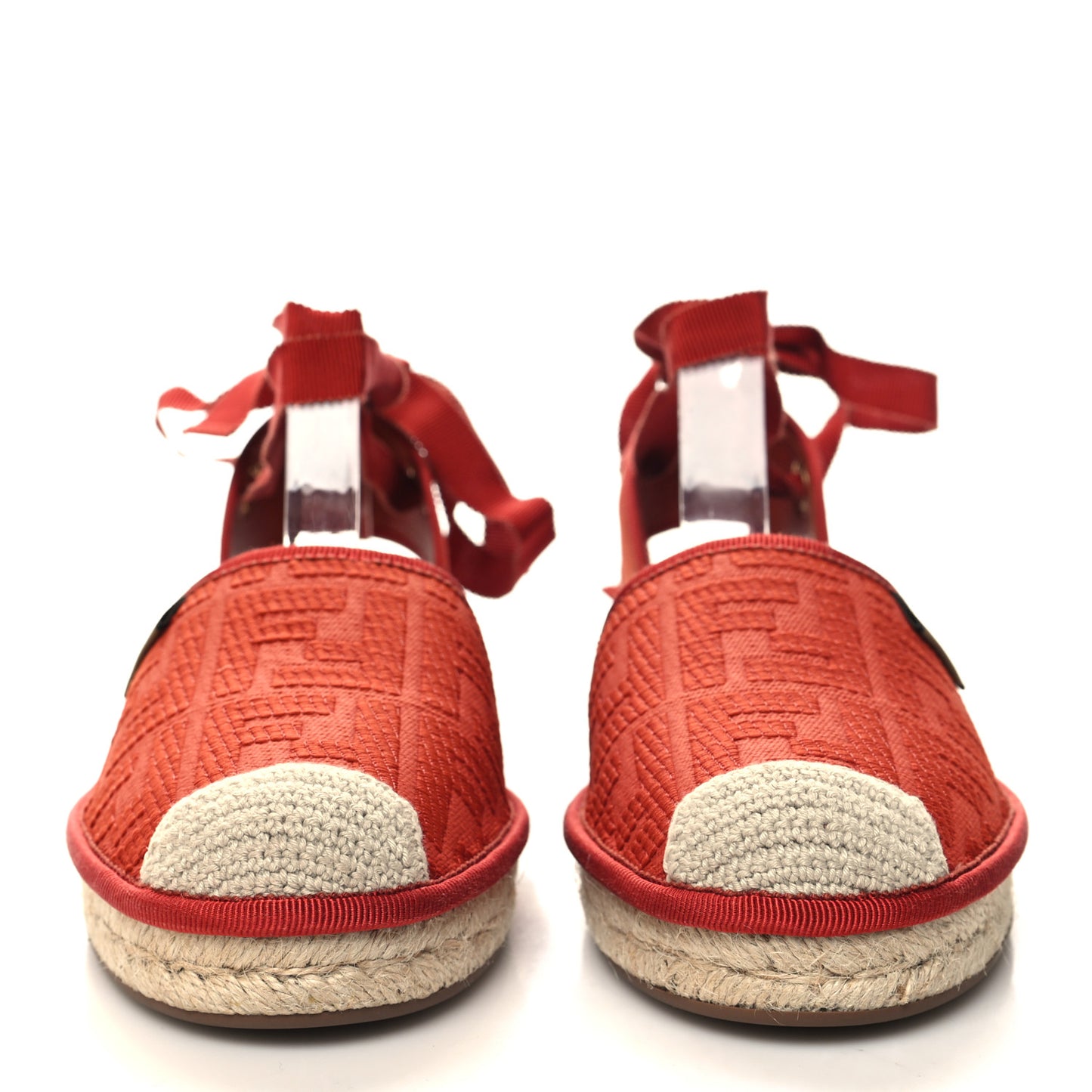 Canvas FF Embroidered Roma Ankle Wrap Flat Espadrilles 38.5 Red