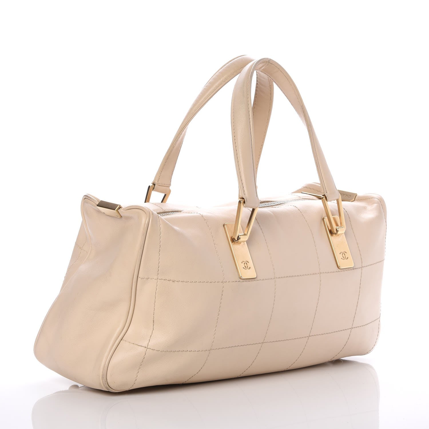 Chanel Caviar Square Stitched Bowler Tote Bag White 3 of 11