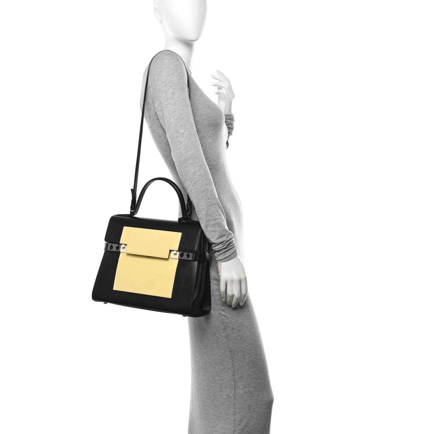 Delvaux Calfskin Patent Calfskin GM Tempete Satchel Black White 2 of 18