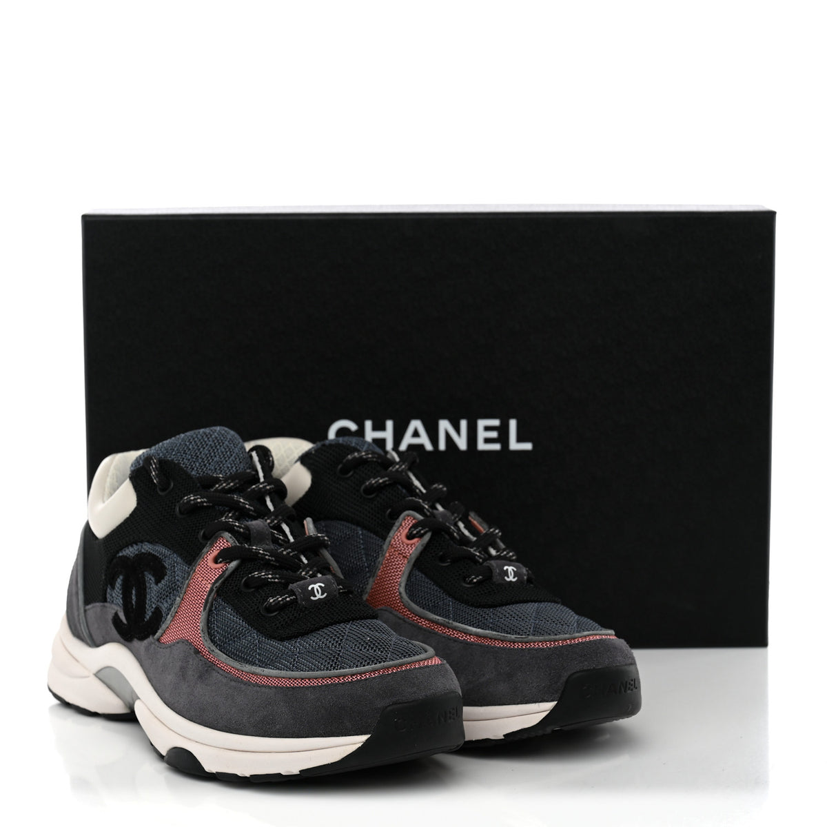 Chanel Nylon Calfskin Suede Womens CC Sneakers 38 Dark Grey Pink 10 of 10