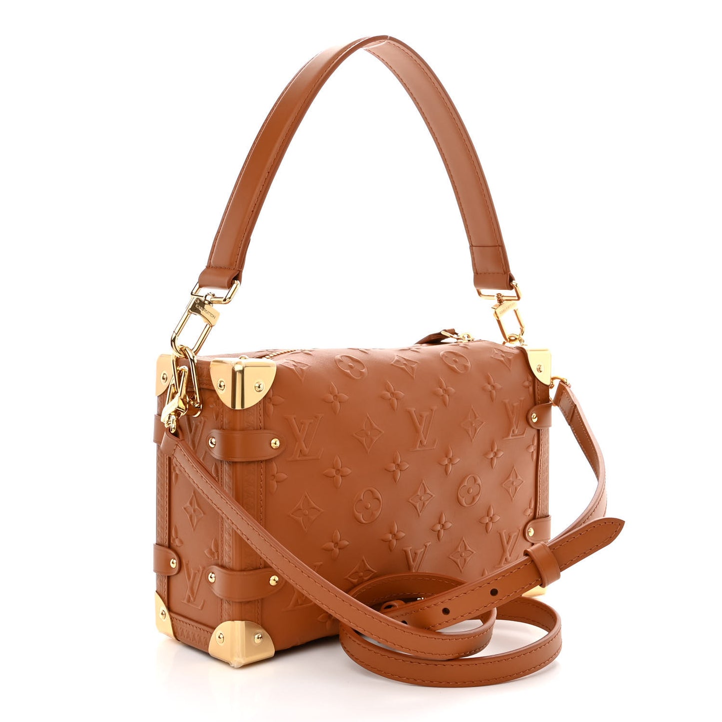 Calfskin Debossed Monogram Side Trunk Tan