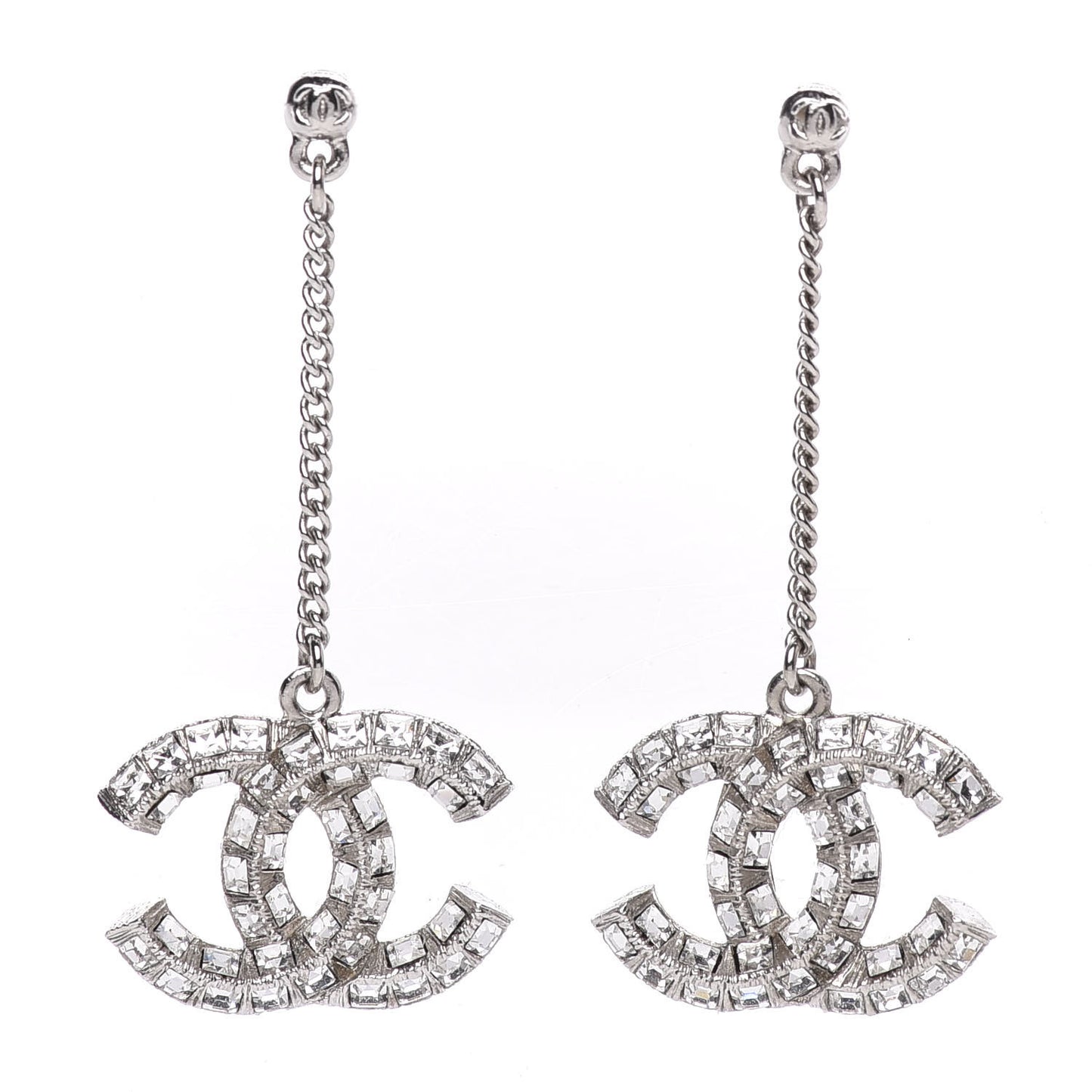 Baguette Crystal CC Drop Earrings Silver