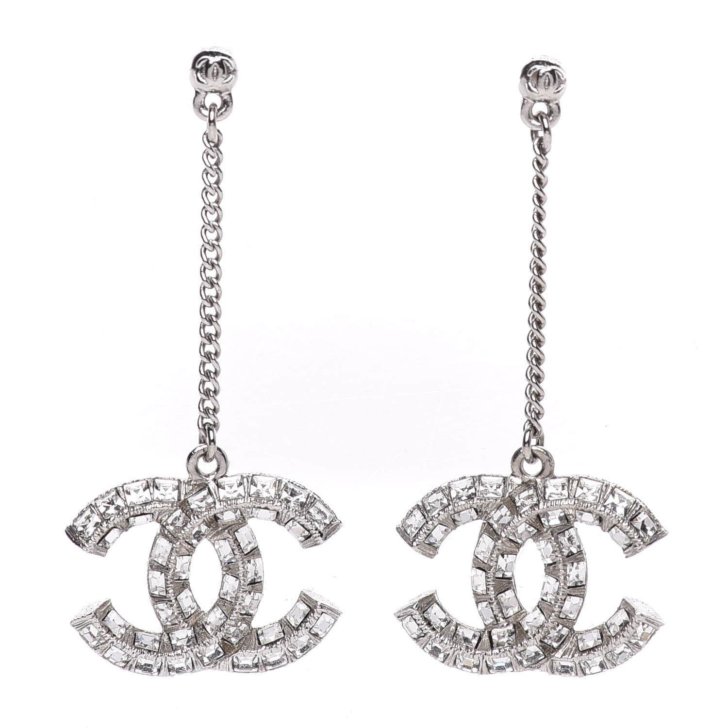 Chanel Baguette Crystal CC Drop Earrings Silver 1 of 4