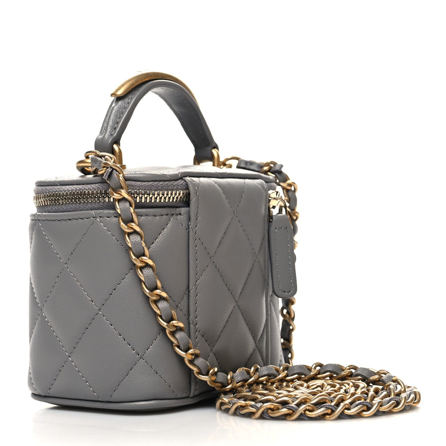 Lambskin Quilted Metal Mini Top Handle Vanity Case With Chain Grey