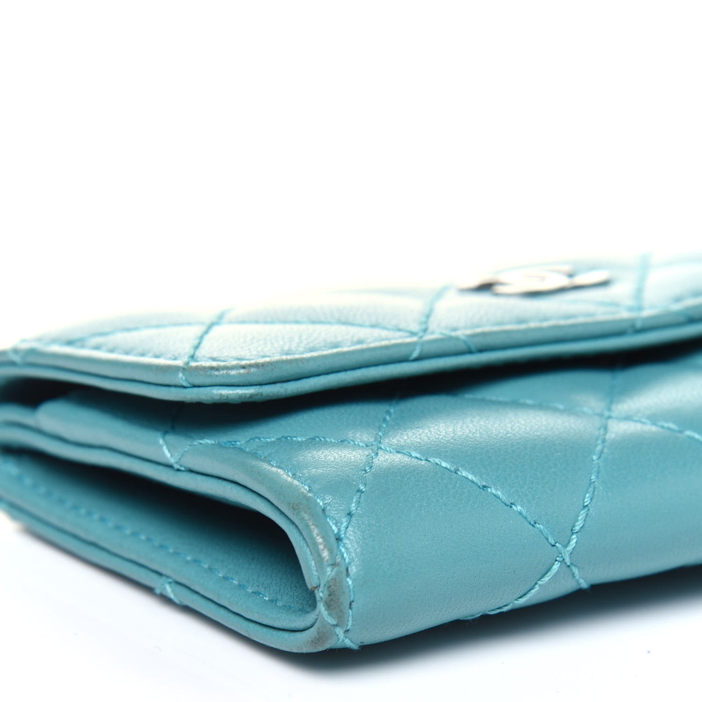Lambskin Quilted Flap Card Holder Turquoise