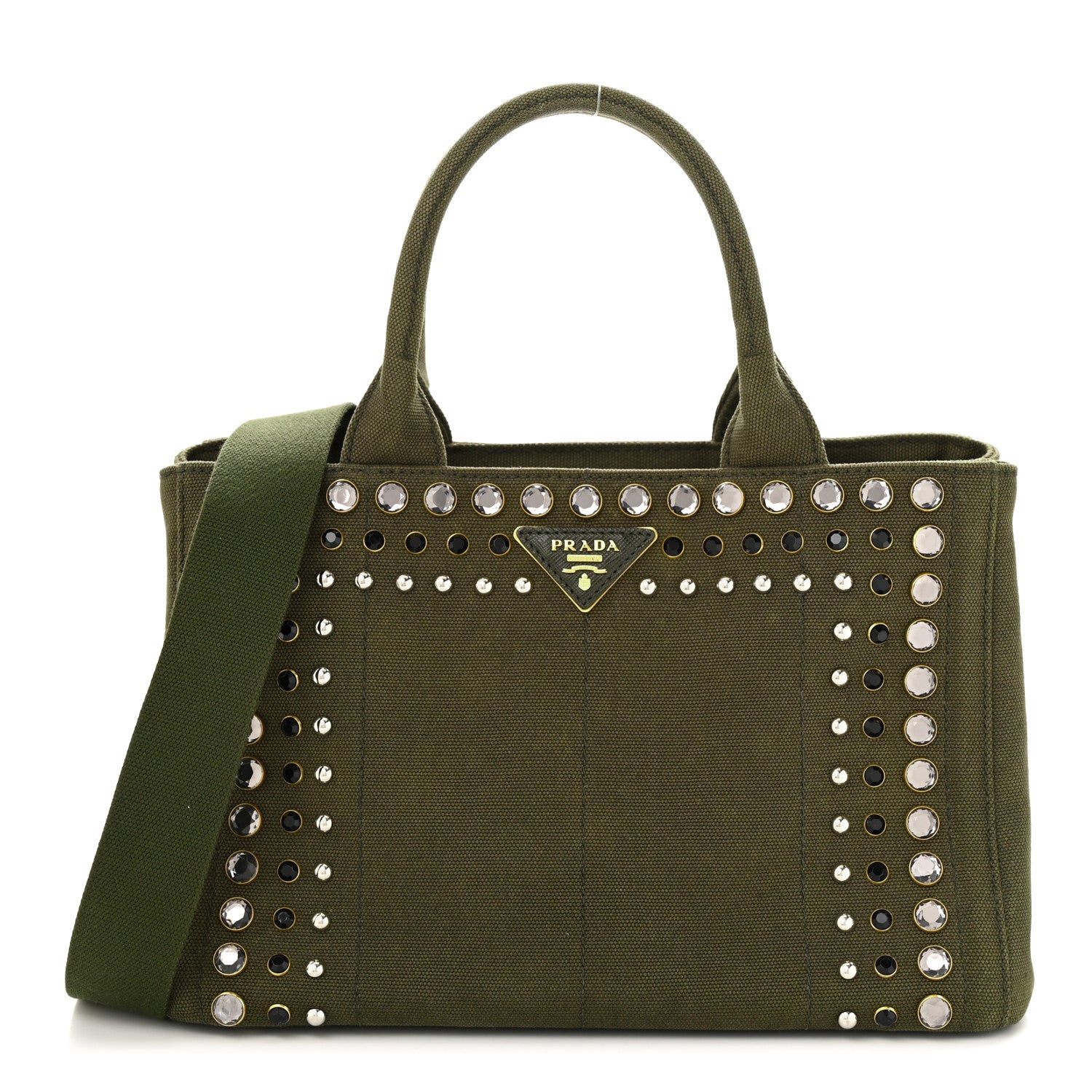 Prada Canvas Studded Crystal Canapa Tote Militare 1 of 10