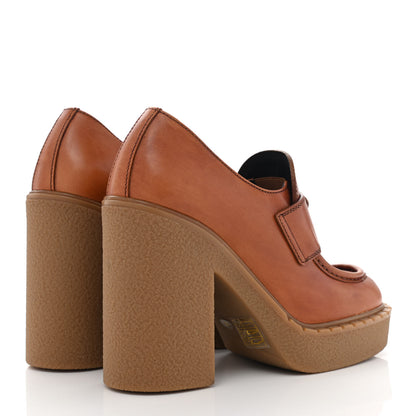 Prada Calfskin Metal Triangle Logo Flow Heeled Loafers 36 Caramel 8 of 18