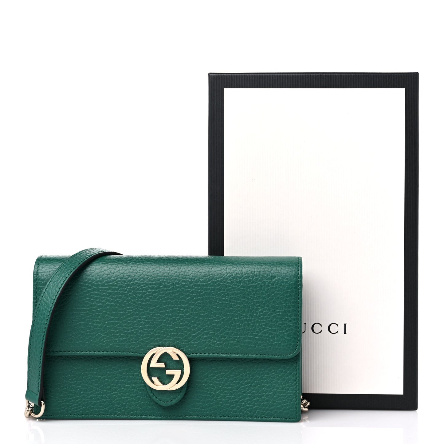 Dollar Calfskin Interlocking G Chain Wallet Emerald