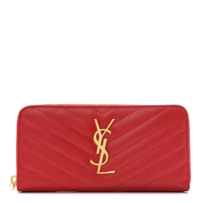 Saint Laurent Grain De Poudre Matelasse Chevron Monogram Zip Around Wallet Red 1 of 13