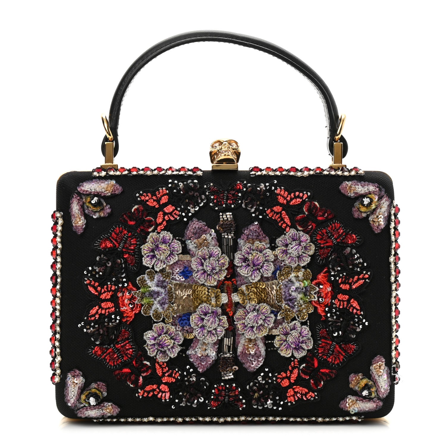 Alexander McQueen Satin Crystal Embellished Top Handle Box Clutch Black 1 of 10