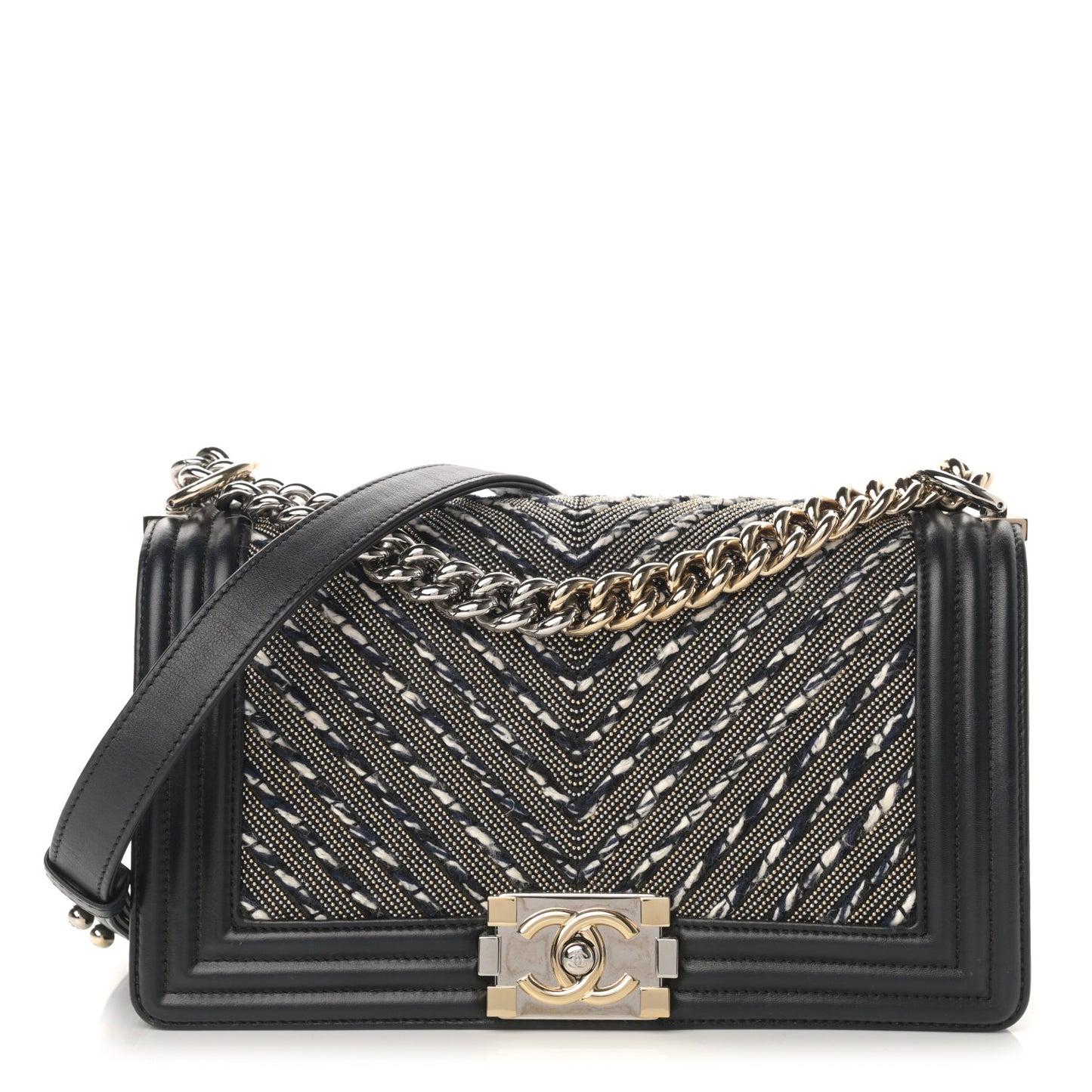 Calfskin Tweed Chain Chevron Boy Flap Black