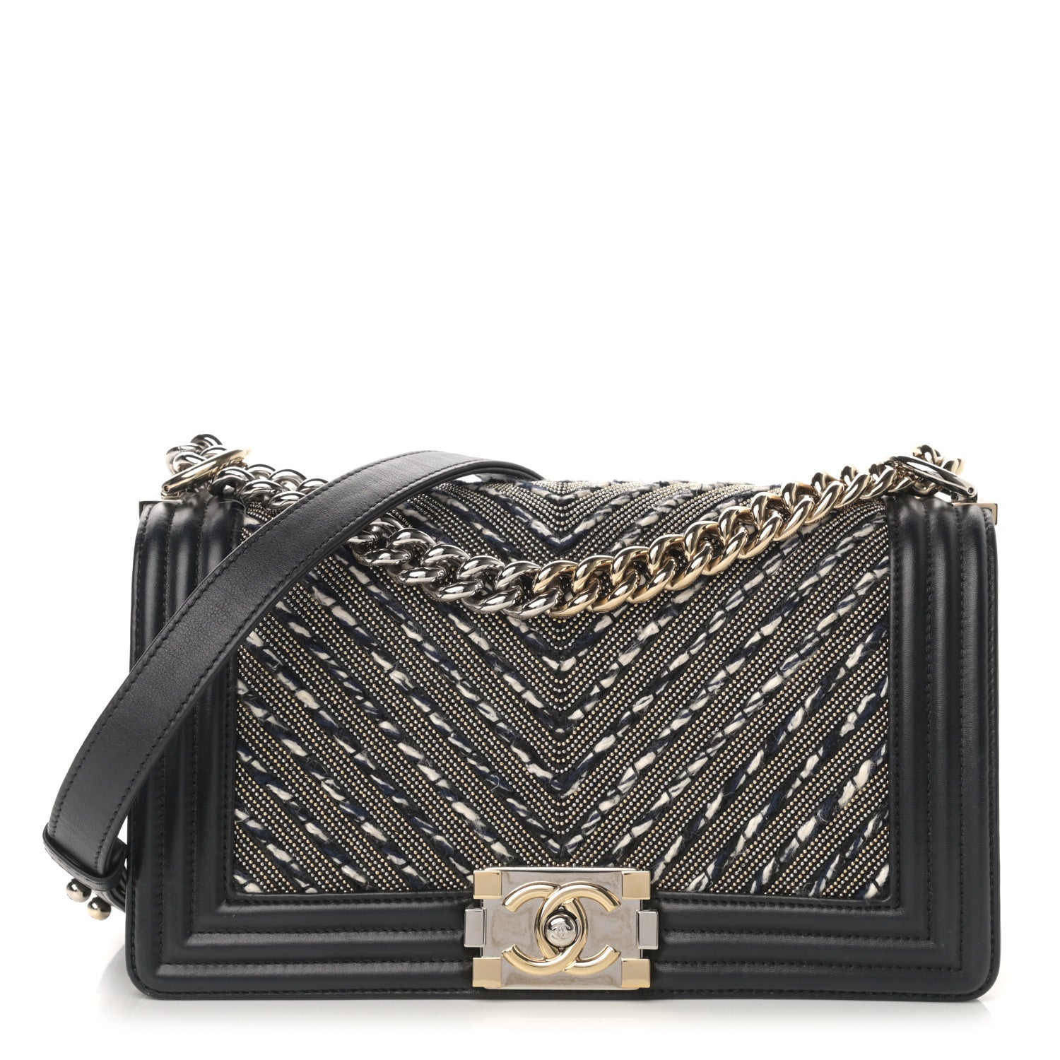 Chanel Calfskin Tweed Chain Chevron Boy Flap Black 1 of 15