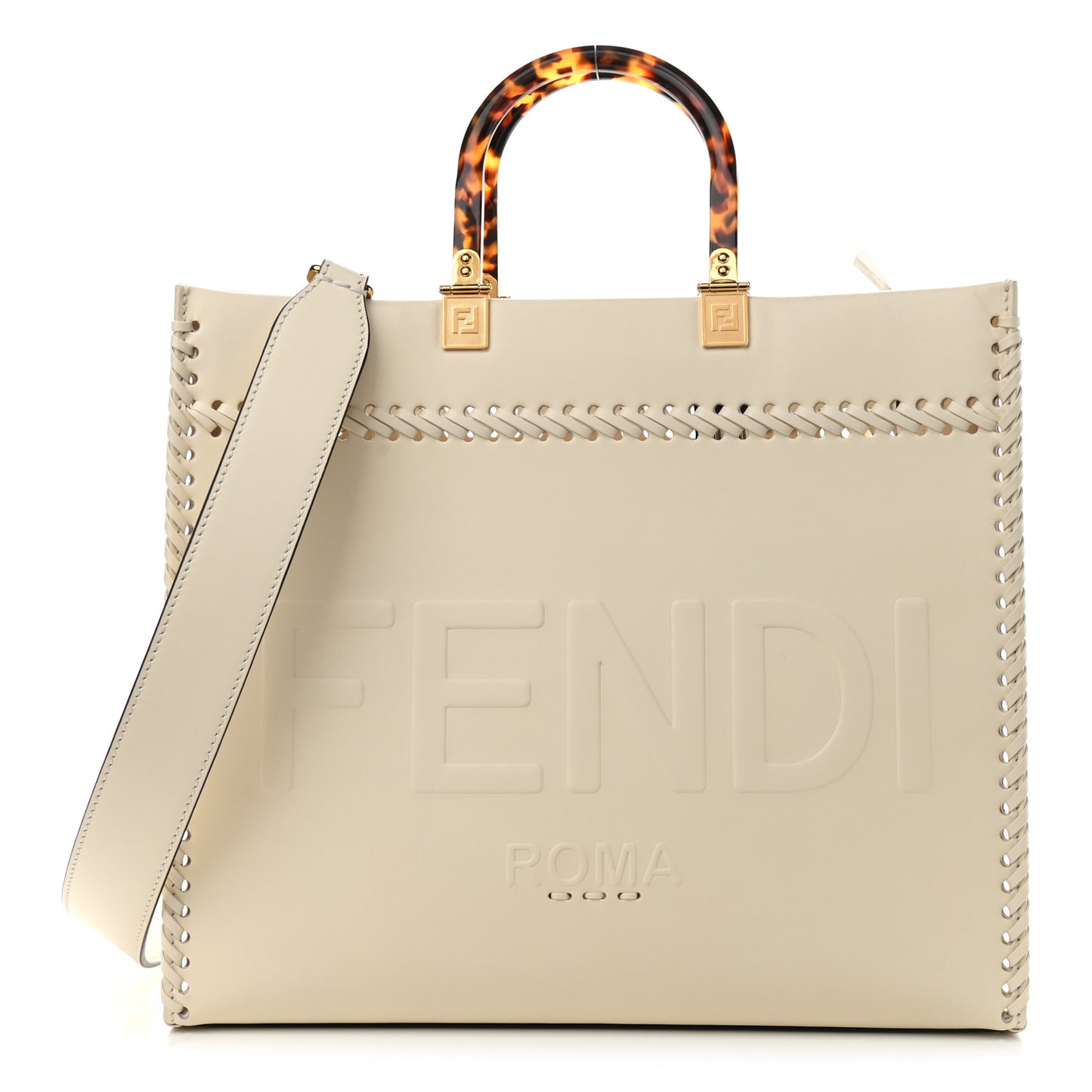 Vitello King Ceylon Plexiglass Woven Logo Debossed Medium Fendi Sunshine Shopper Tote White Ice