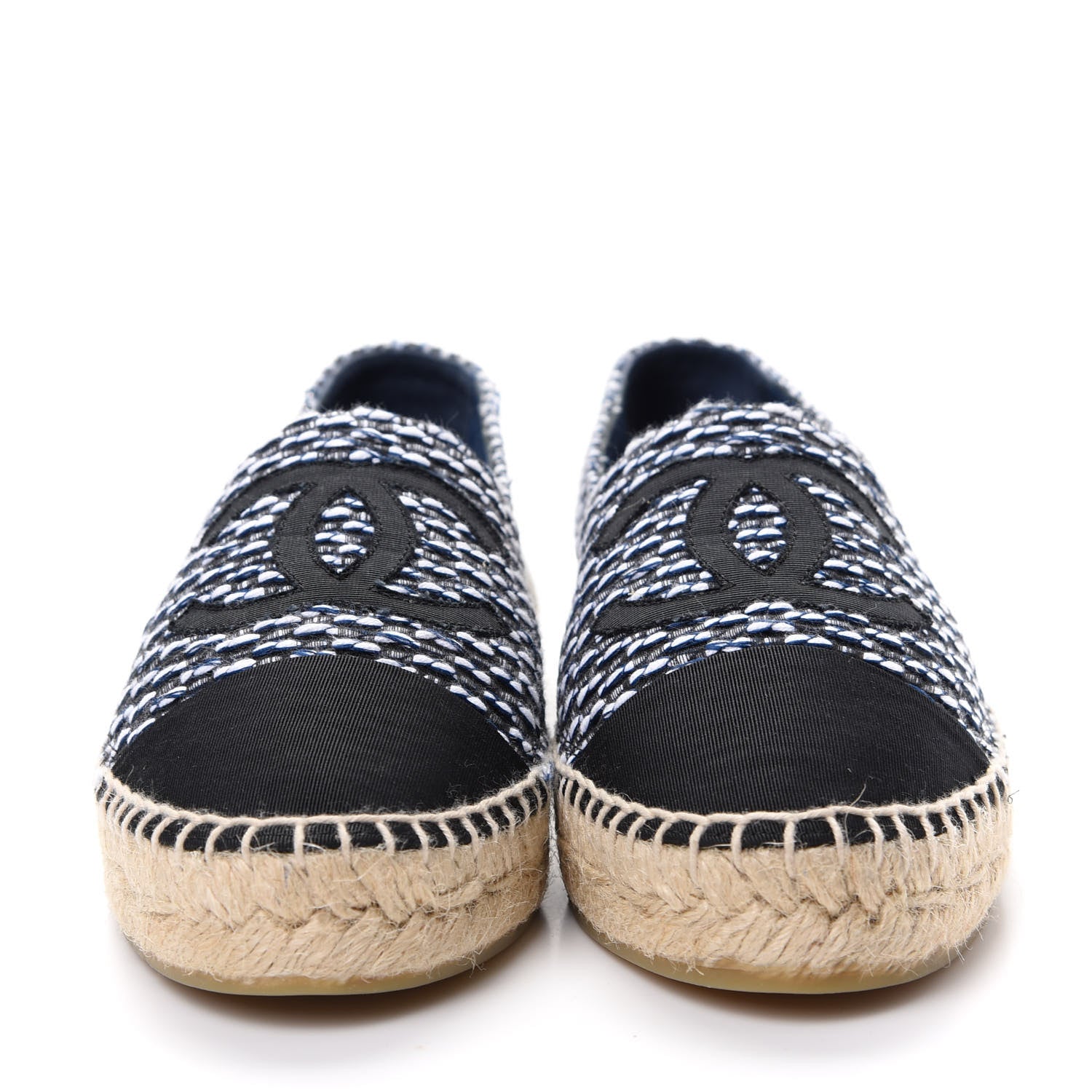 Chanel Tweed Grosgrain CC Espadrilles 38 Black Navy White 2 of 11