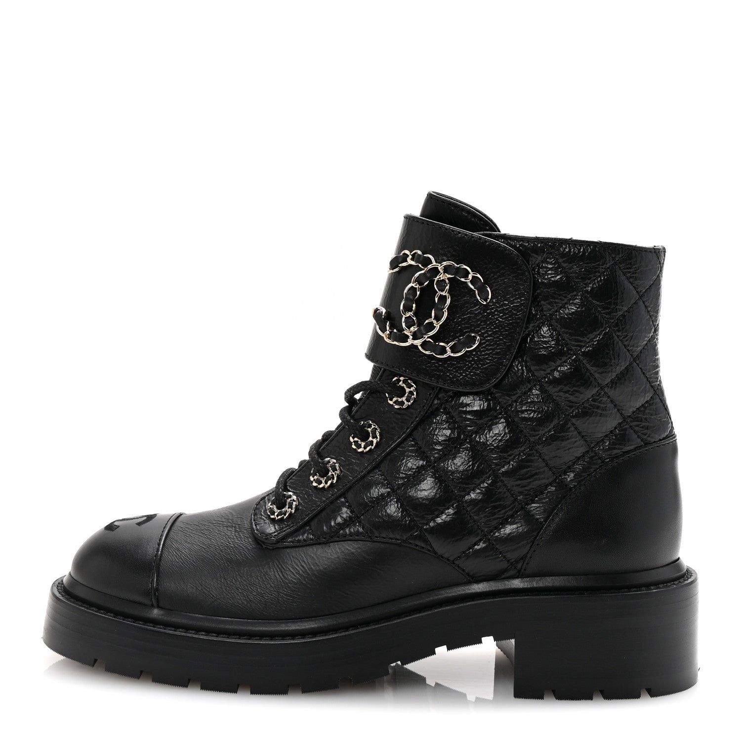 Chanel Shiny Goatskin Calfskin Quilted Lace Up Combat Boots 37 Black 1 of 10