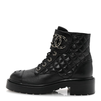 Chanel Shiny Goatskin Calfskin Quilted Lace Up Combat Boots 37 Black 1 of 10