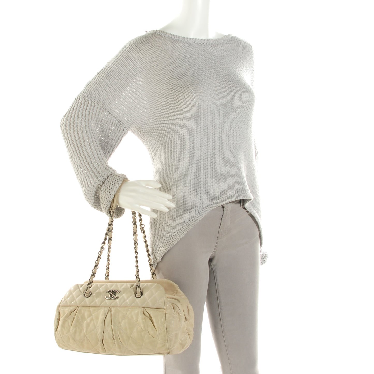 Iridescent Calfskin Chic Quilt Bowling Bag Beige Clair
