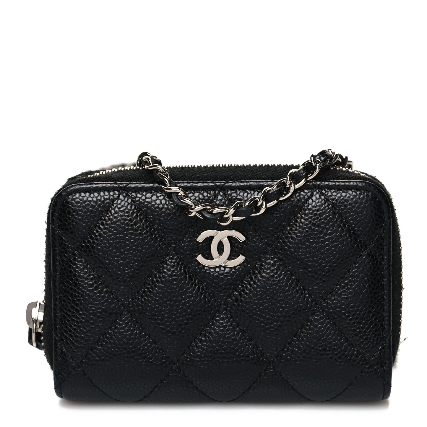 Caviar Quilted Zip Around Coin Purse Wallet On Chain Black
