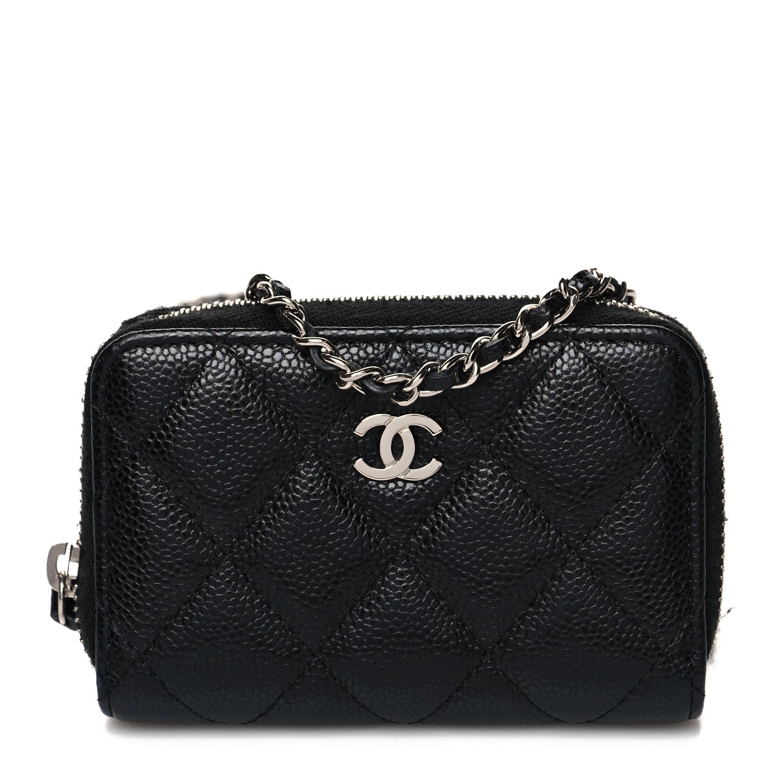Chanel Caviar Quilted Zip Around Coin Purse Wallet On Chain Black 1 of 8