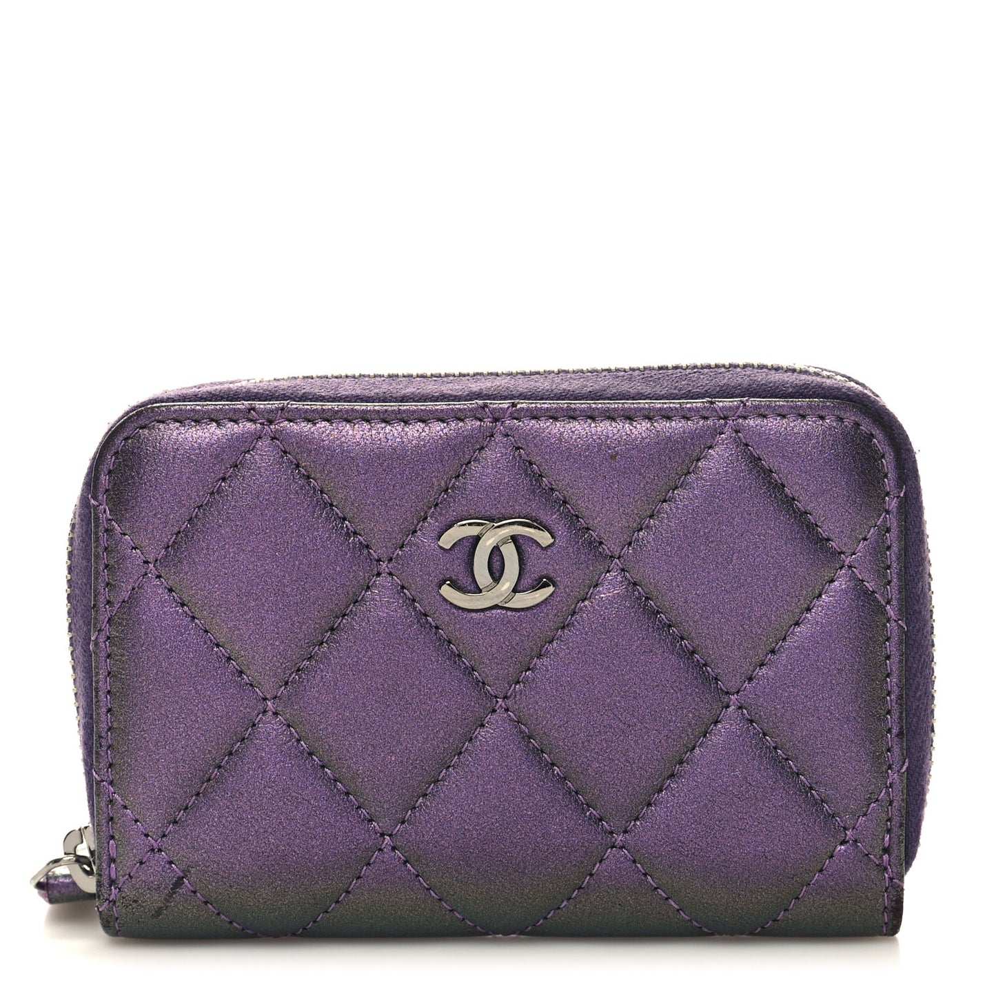 Metallic Lambskin Quilted Zip Around Coin Purse Wallet Purple