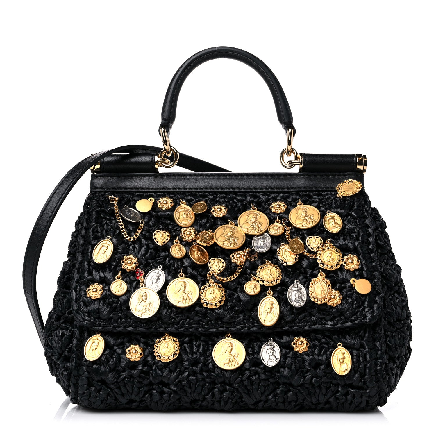 Dolce & Gabbana Raffia Crochet Coin Charm Medium Miss Sicily Satchel Black 1 of 8