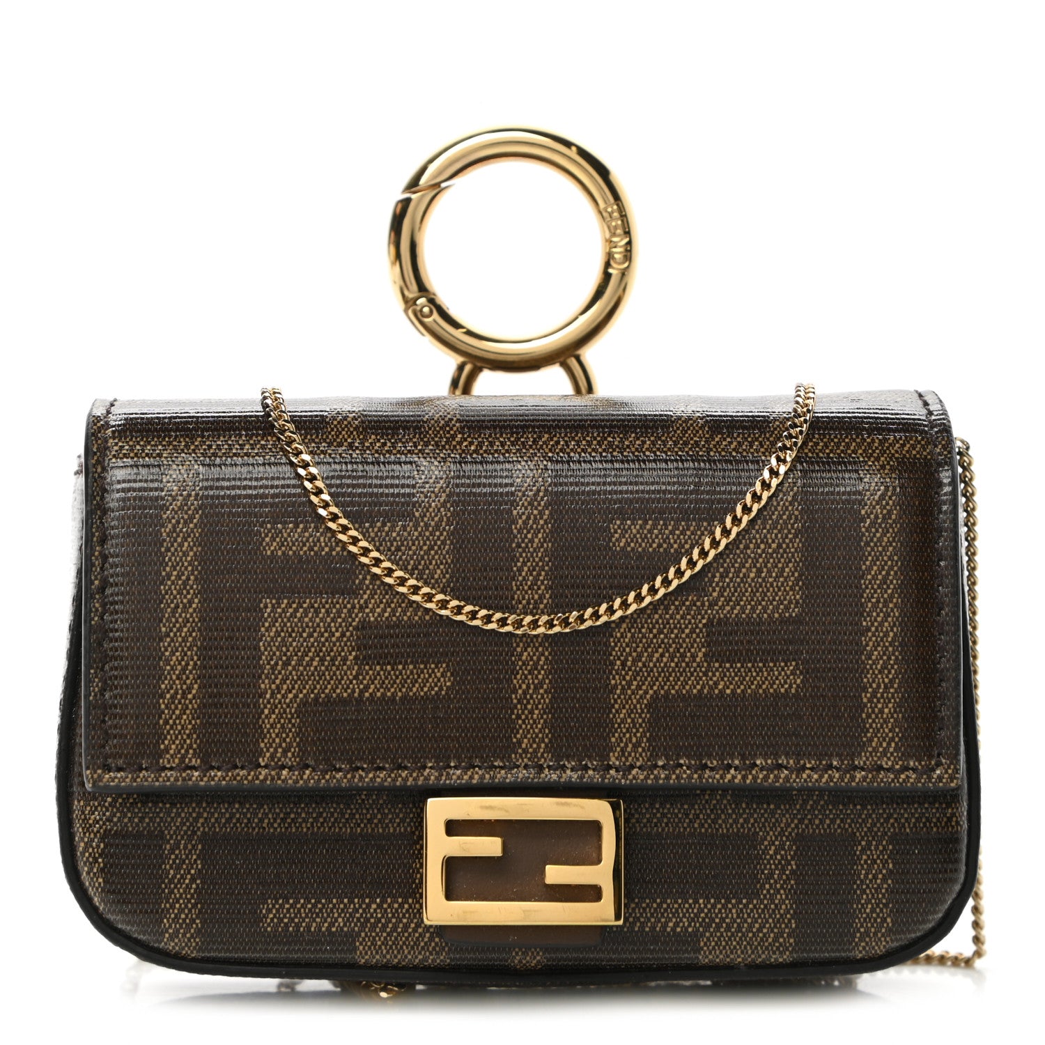 Fendi Glazed Fabric FF 1974 Nano Baguette Charm Mogano Panna 1 of 8