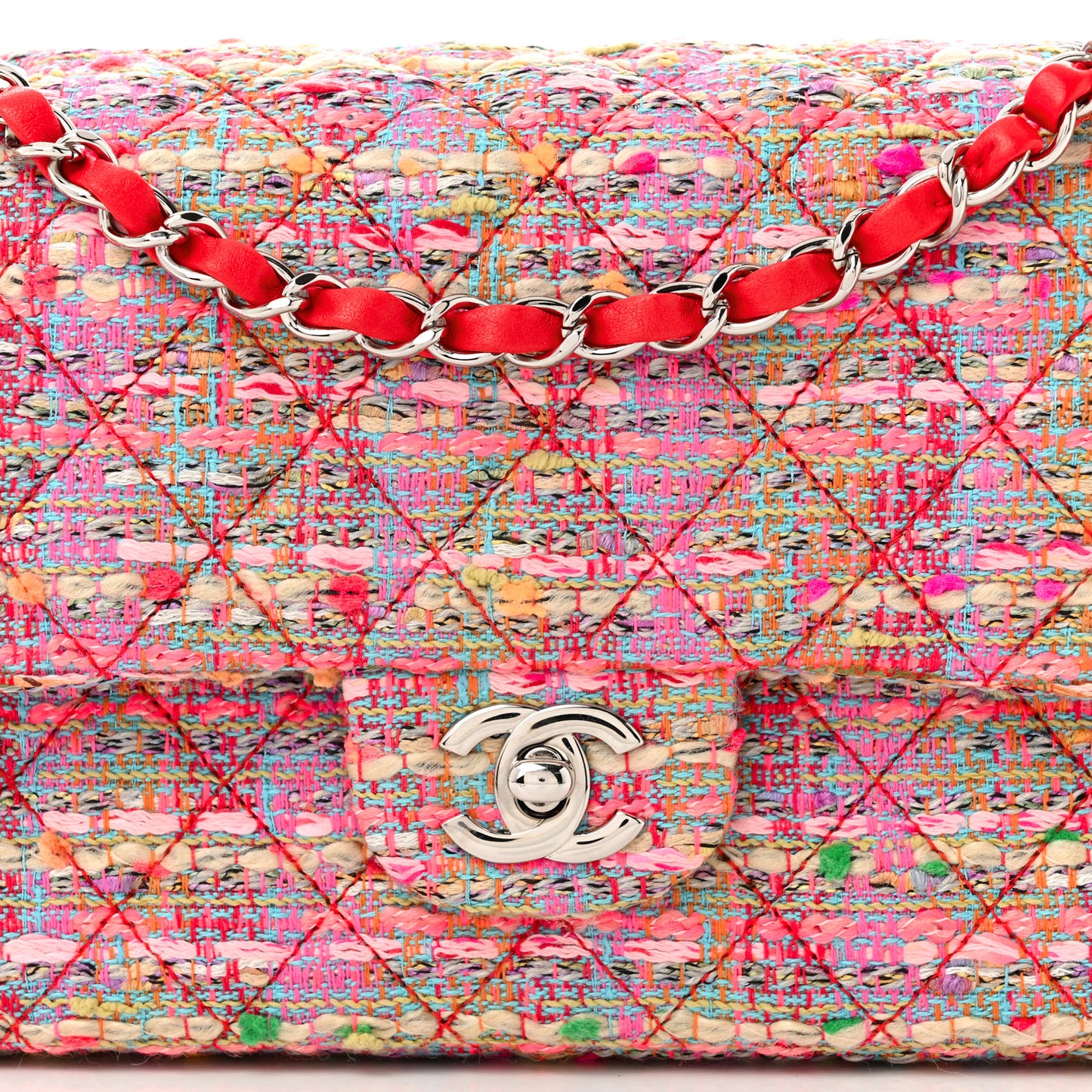 Tweed Quilted Medium Double Flap Pink